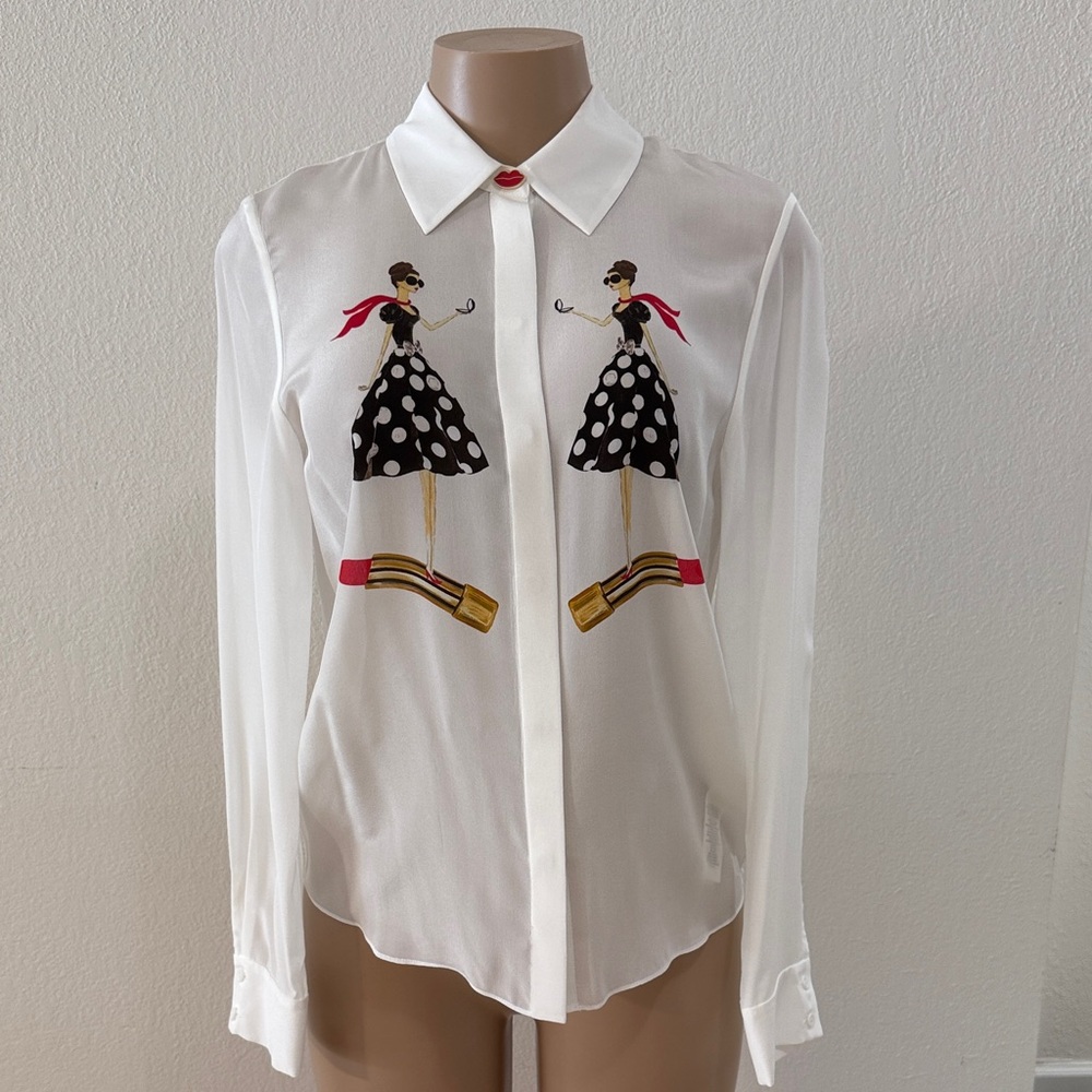 Alice + Olivia White Button Down Shirt with Black and Red Accents